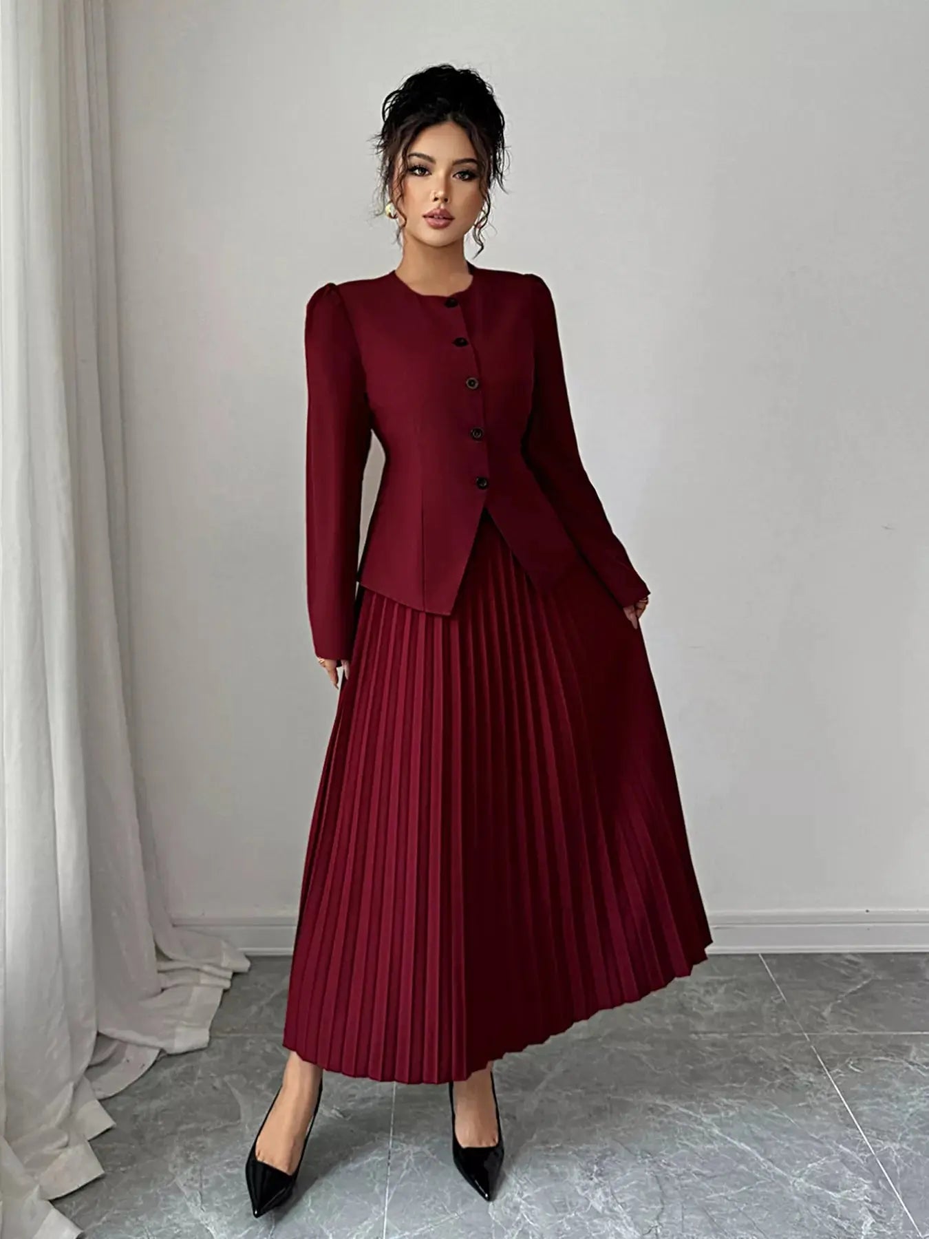 Burgundy Pleated Midi Skirt One Hundred Percent Polyester Simply Love