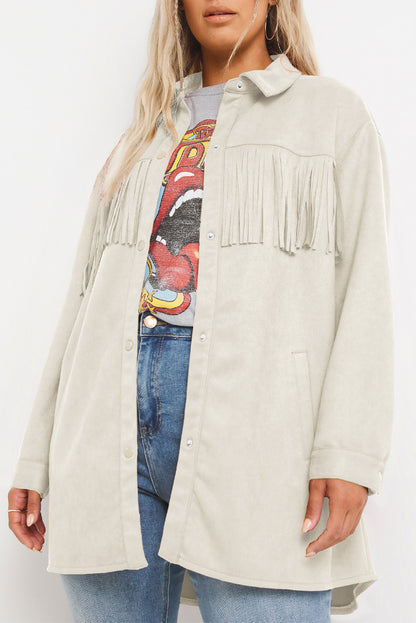 Chic plus size suede shacket with playful fringe detail