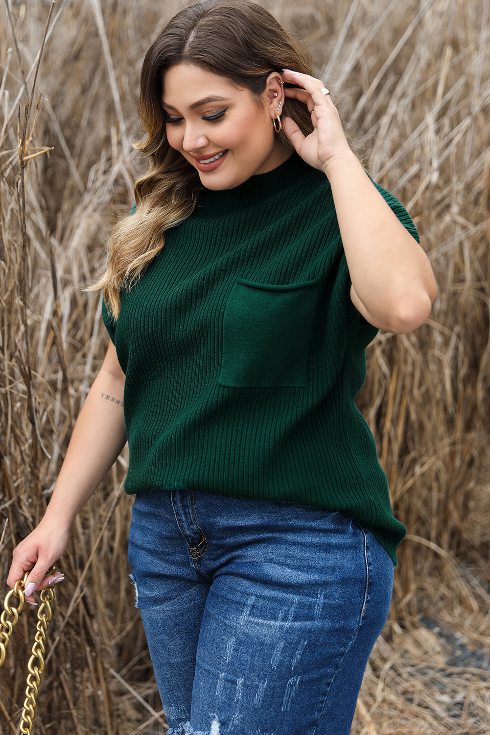 Cozy jungle green plus size mock neck sweater with chest pocket