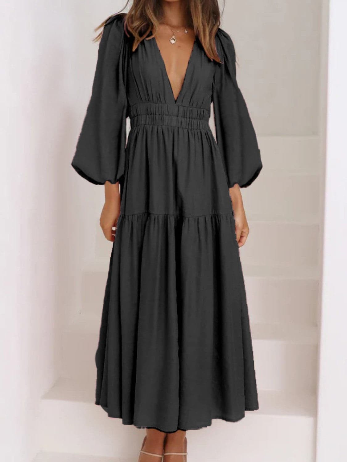 Deep V-Neck Balloon Sleeve Plain Maxi Dress.