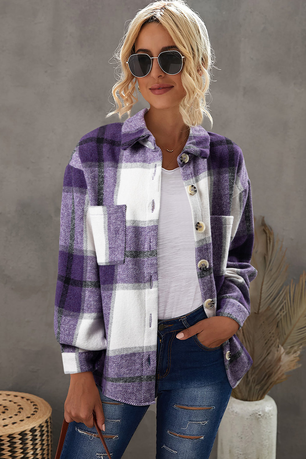 Purple Plaid Color Block Buttoned Long Sleeve Jacket With Pocket For Women Cozy Everyday Outerwear Dear-Lover Dropshipping