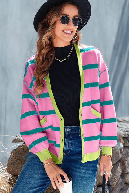 Striped Button Up Long Sleeve Cardigan.