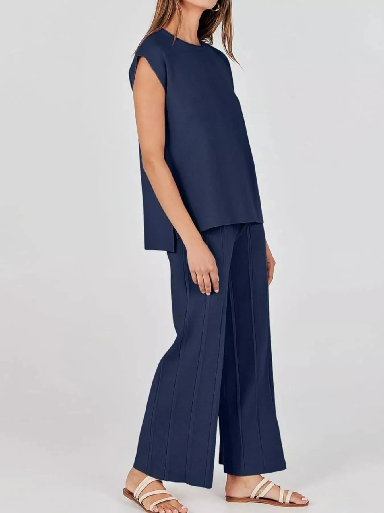 Casual Solid Color Cap Sleeve Top and Pants Knit Set Simply Love