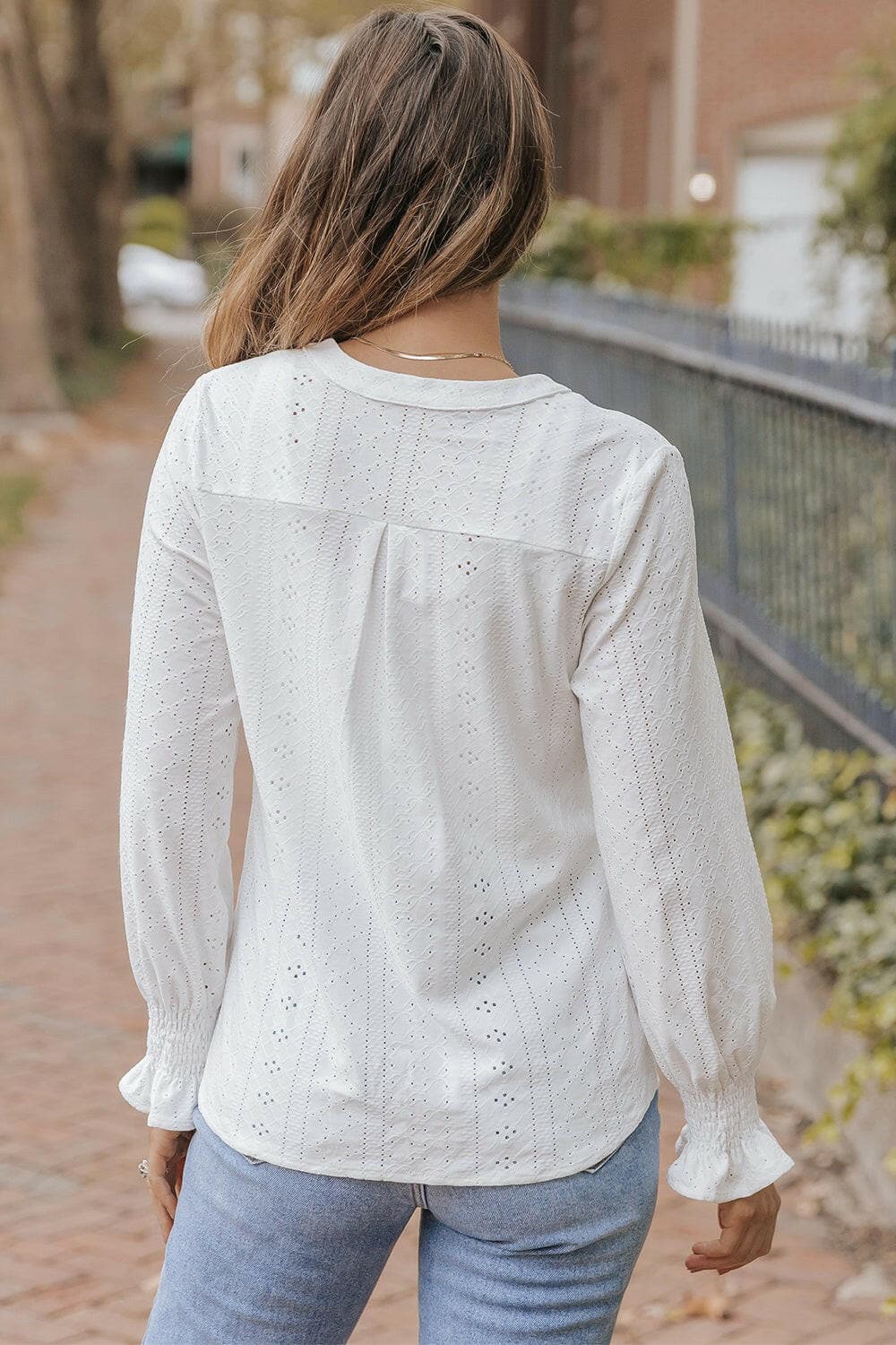 Openwork Notched Flounce Sleeve Blouse.