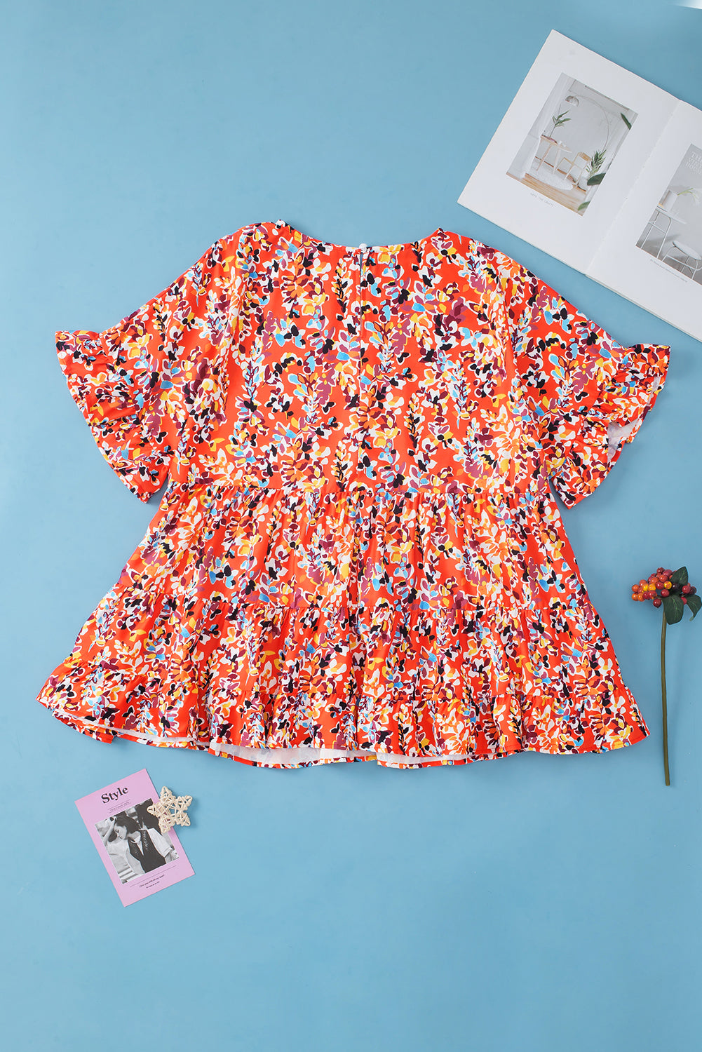 Chic orange floral ruffle sleeve babydoll top for curvy figures