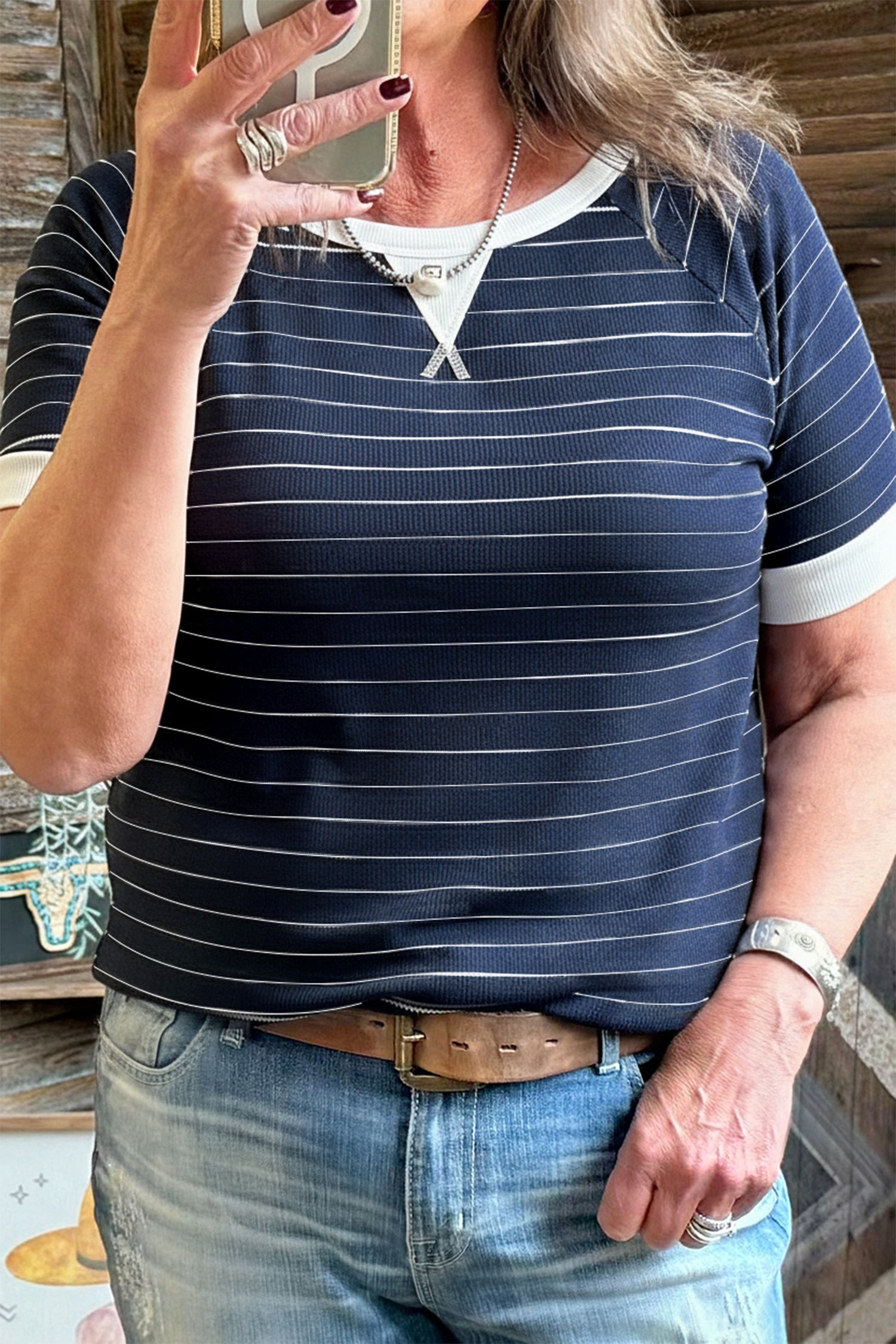 Blue Stripe Plus Size Ribbed T Shirt With Contrast Trim Dear-Lover Dropshipping