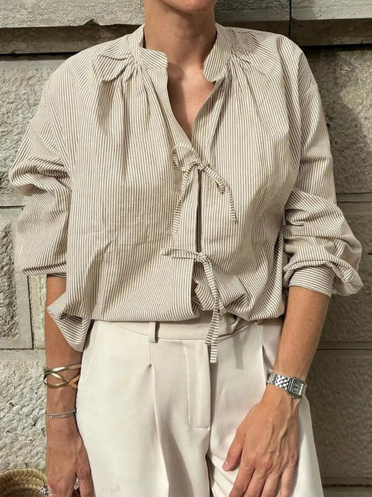 Striped Tie Front Long Sleeve Shirt Blouse For Women Casual Office Simply Love
