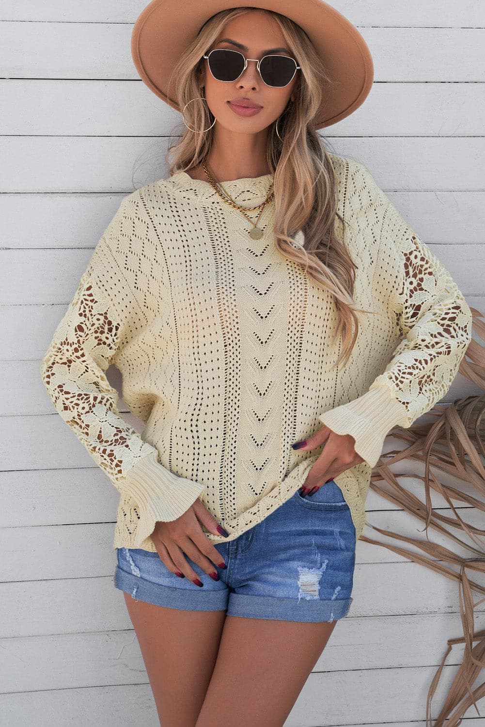 Openwork Lantern Sleeve Dropped Shoulder Sweater.