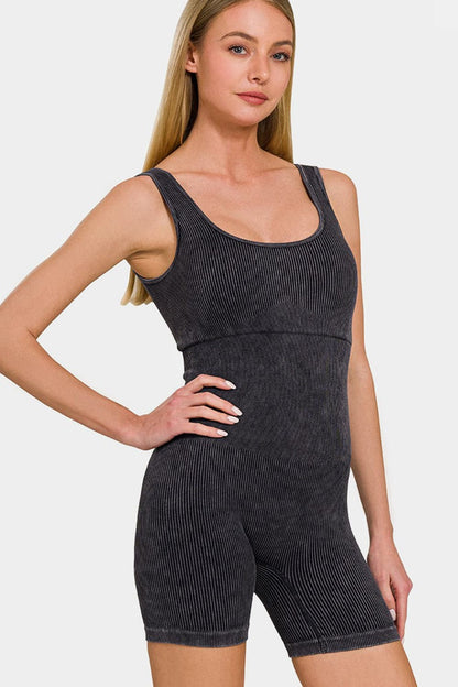 Zenana Washed Ribbed Romper with Pad.