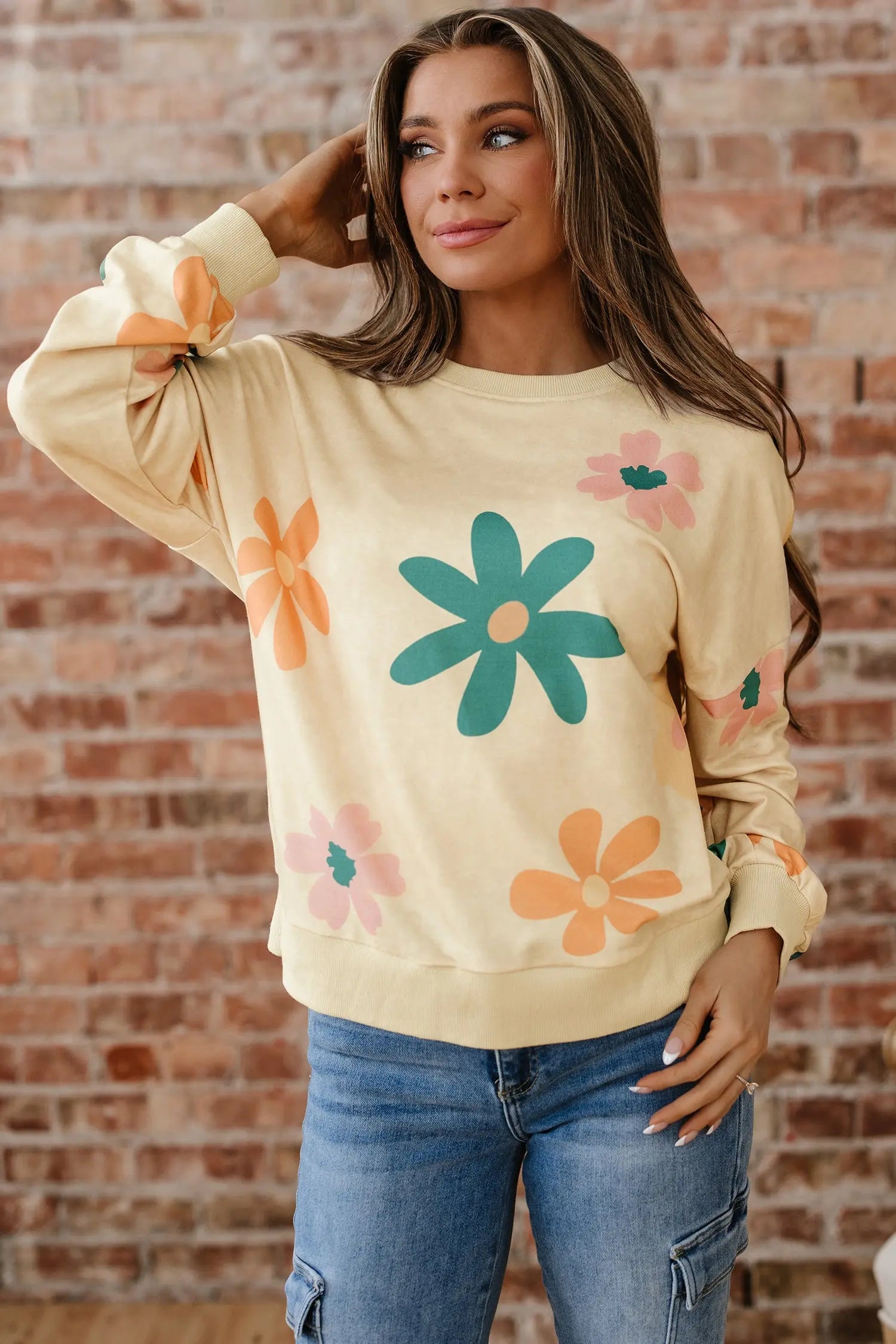Dear-Lover Khaki Floral Sweatshirt Women's Daily French Terry Pullover - Relaxed Fit Dear-Lover Dropshipping
