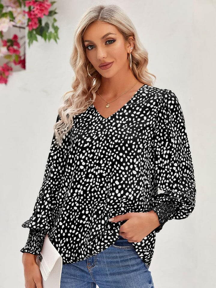 Printed V-Neck Lantern Sleeve Blouse.