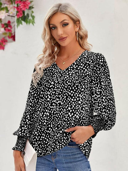 Printed V-Neck Lantern Sleeve Blouse.