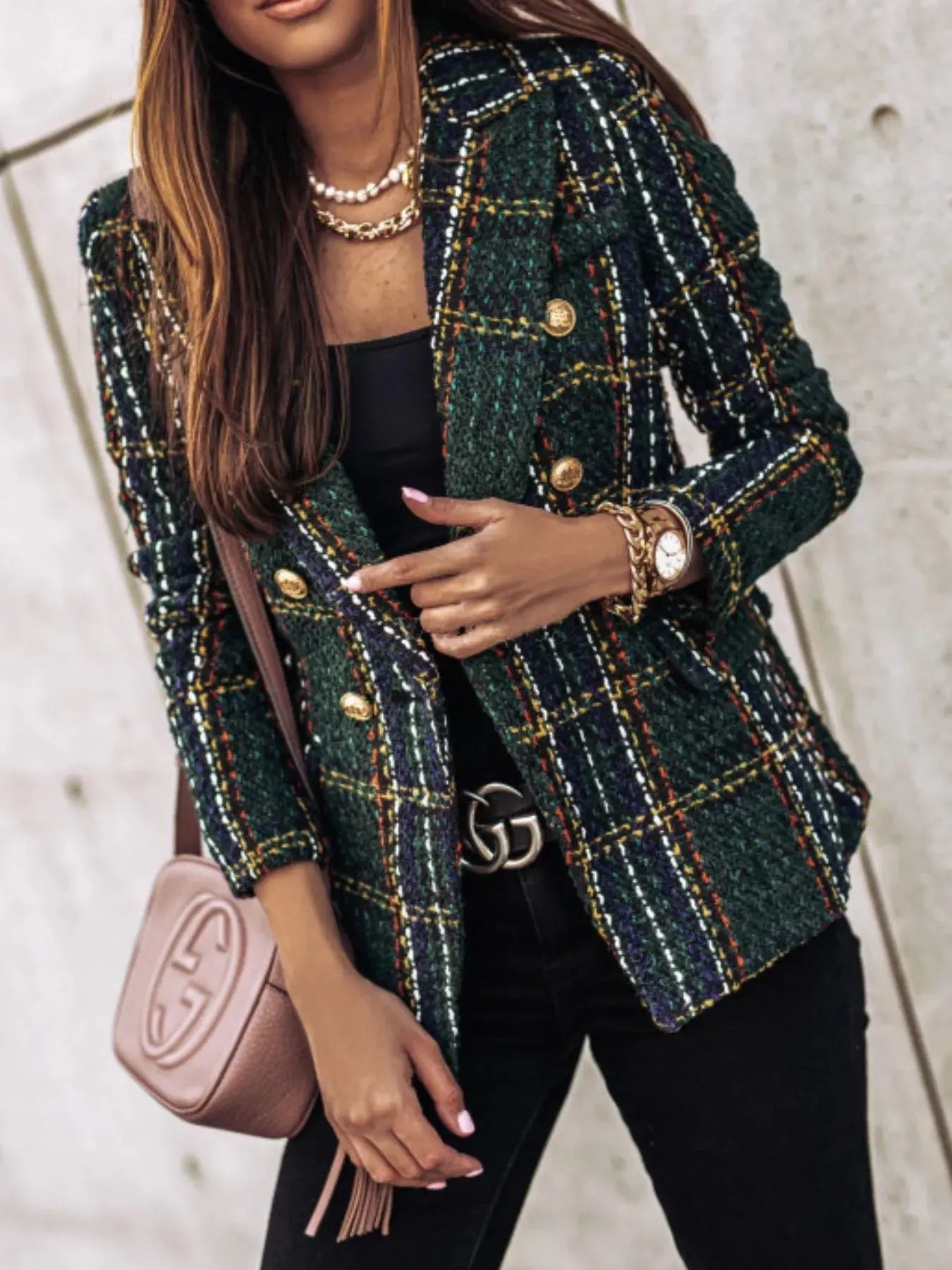 Full Size Plaid Tweed Double-Breasted Blazer Plus Size Simply Love