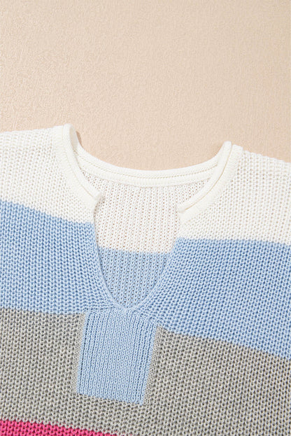 Light Blue Color Block Notch V Neck Sweater T Shirt for Women