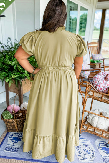 Laurel Green Puff Sleeve Plus Size Maxi Dress with Notched V Neck and Tiered Skirt