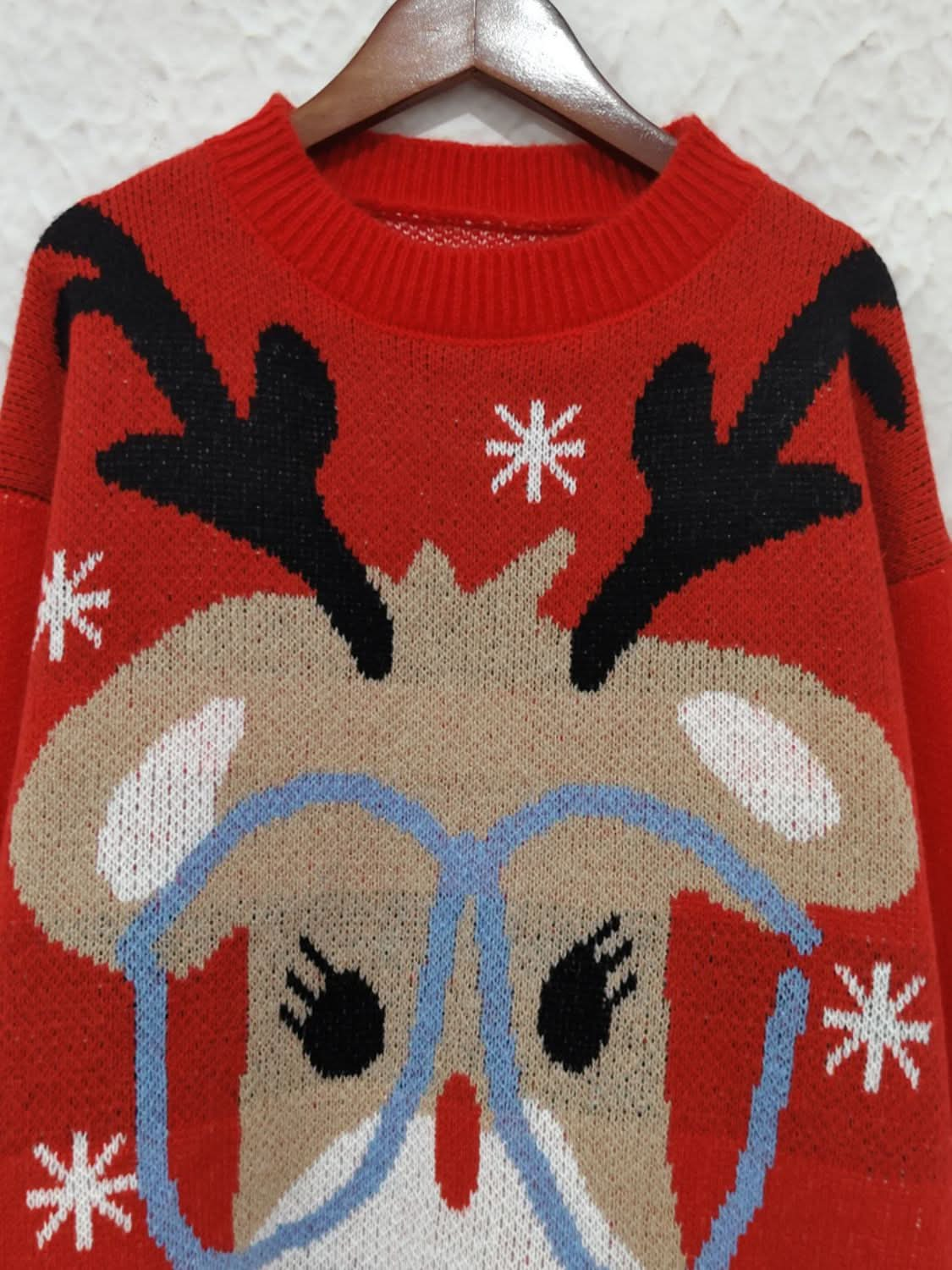 Reindeer Round Neck Dropped Shoulder Sweater