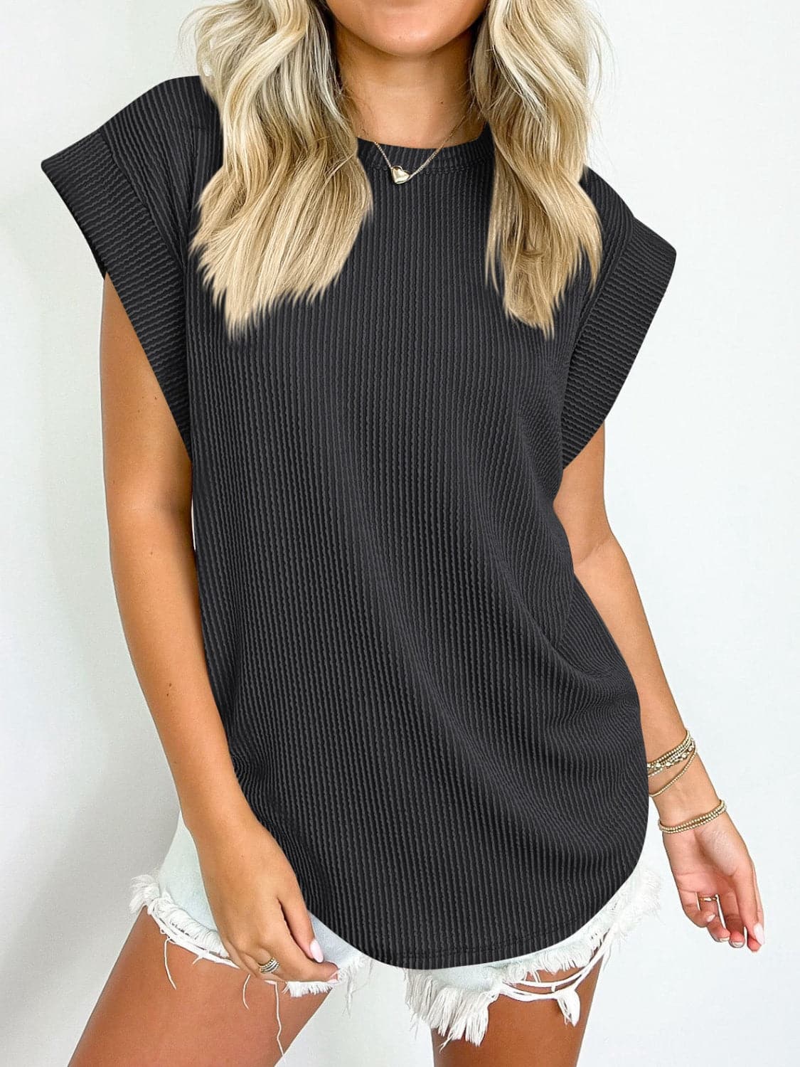 Textured Round Neck Cap Sleeve Blouse.