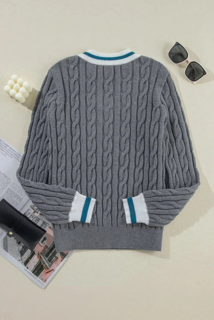 Cable-Knit V-Neck Long Sleeve Sweater