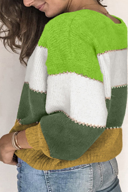 Chic green plus size patchwork sweater with color block design