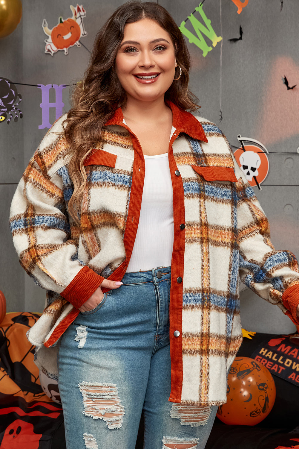 Brown stripe plus size plaid jacket