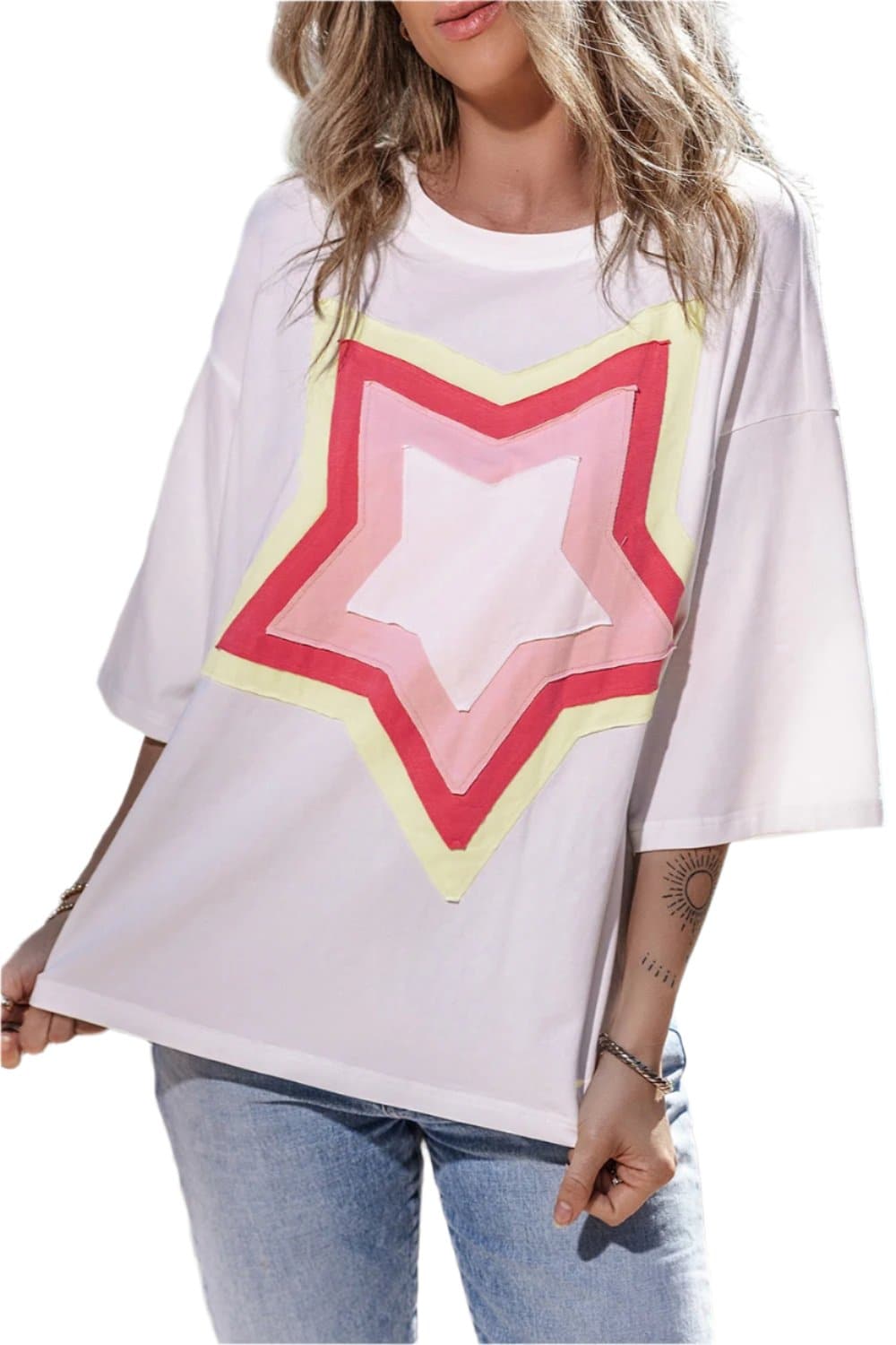 Star Round Neck Dropped Shoulder T-Shirt.