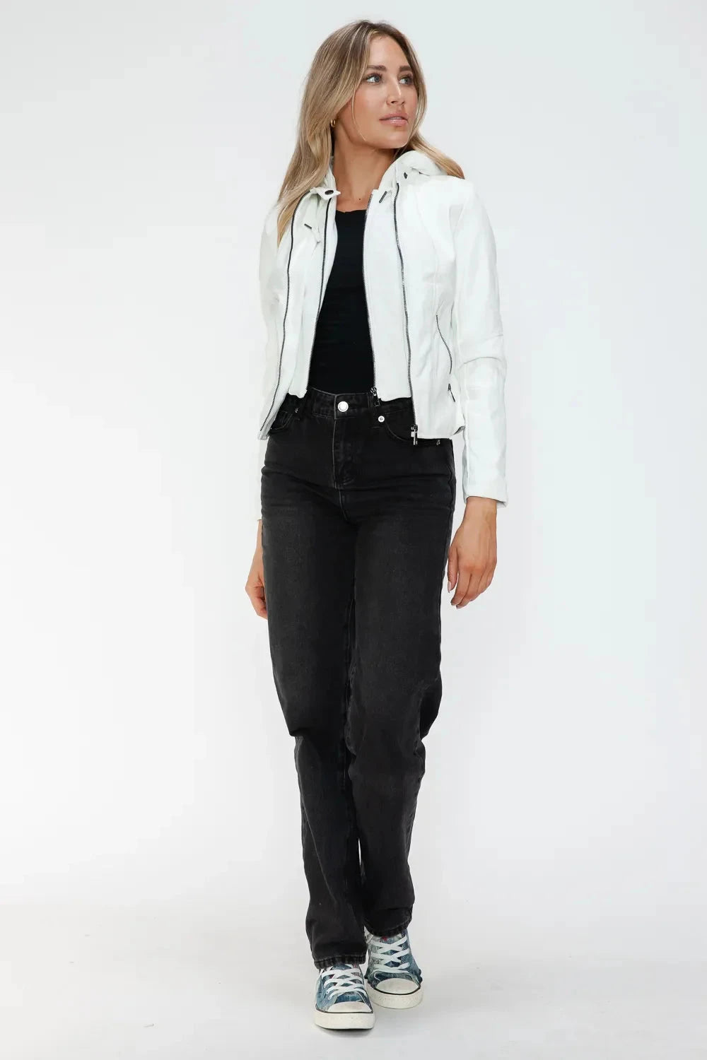 Snobbish Faux Leather Zip Up Drawstring Hooded Jacket Coco’s Tee Boutique