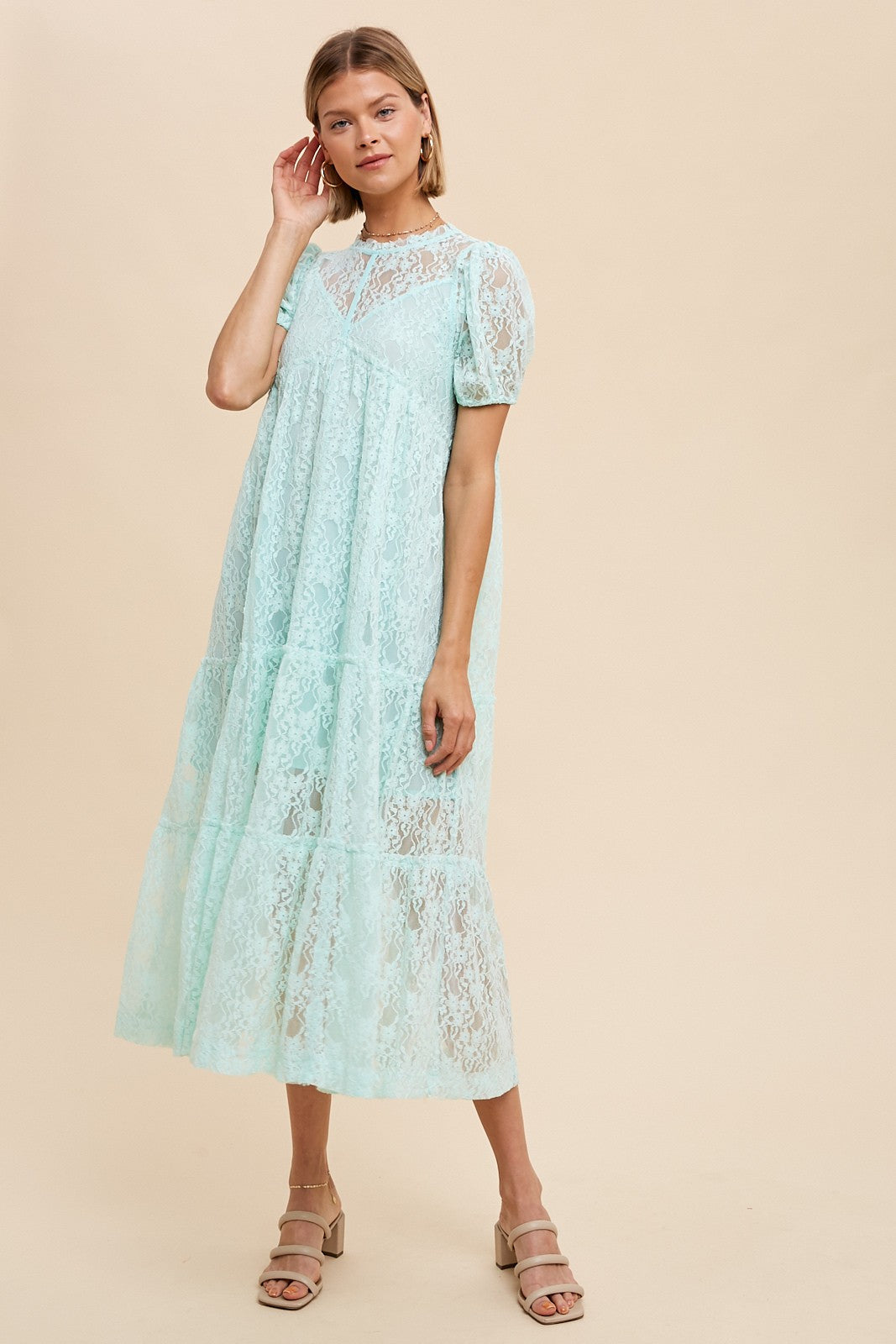 Mint Lace Tiered Maternity Midi Dress PinkBlush