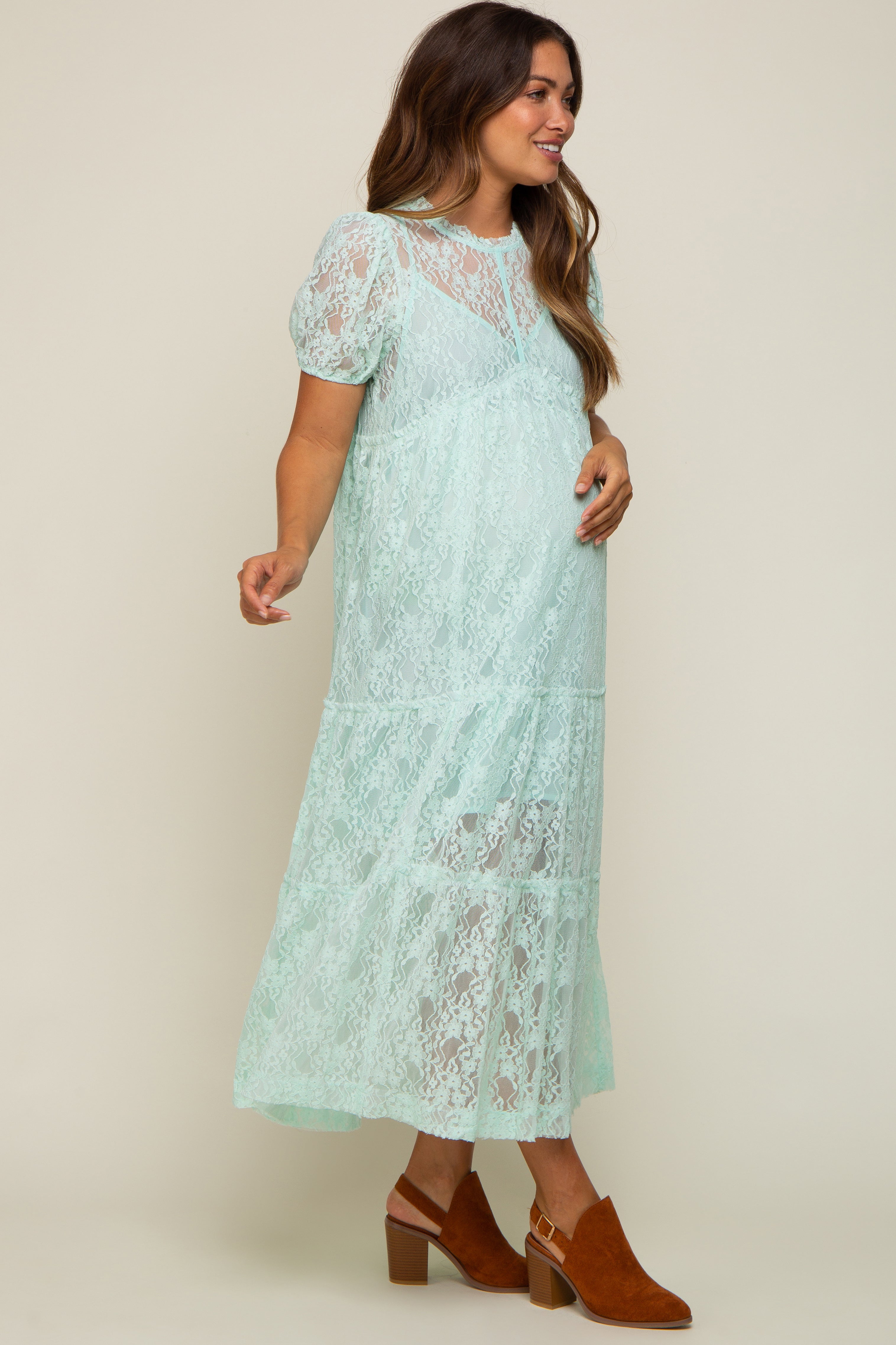 Mint Lace Tiered Maternity Midi Dress PinkBlush