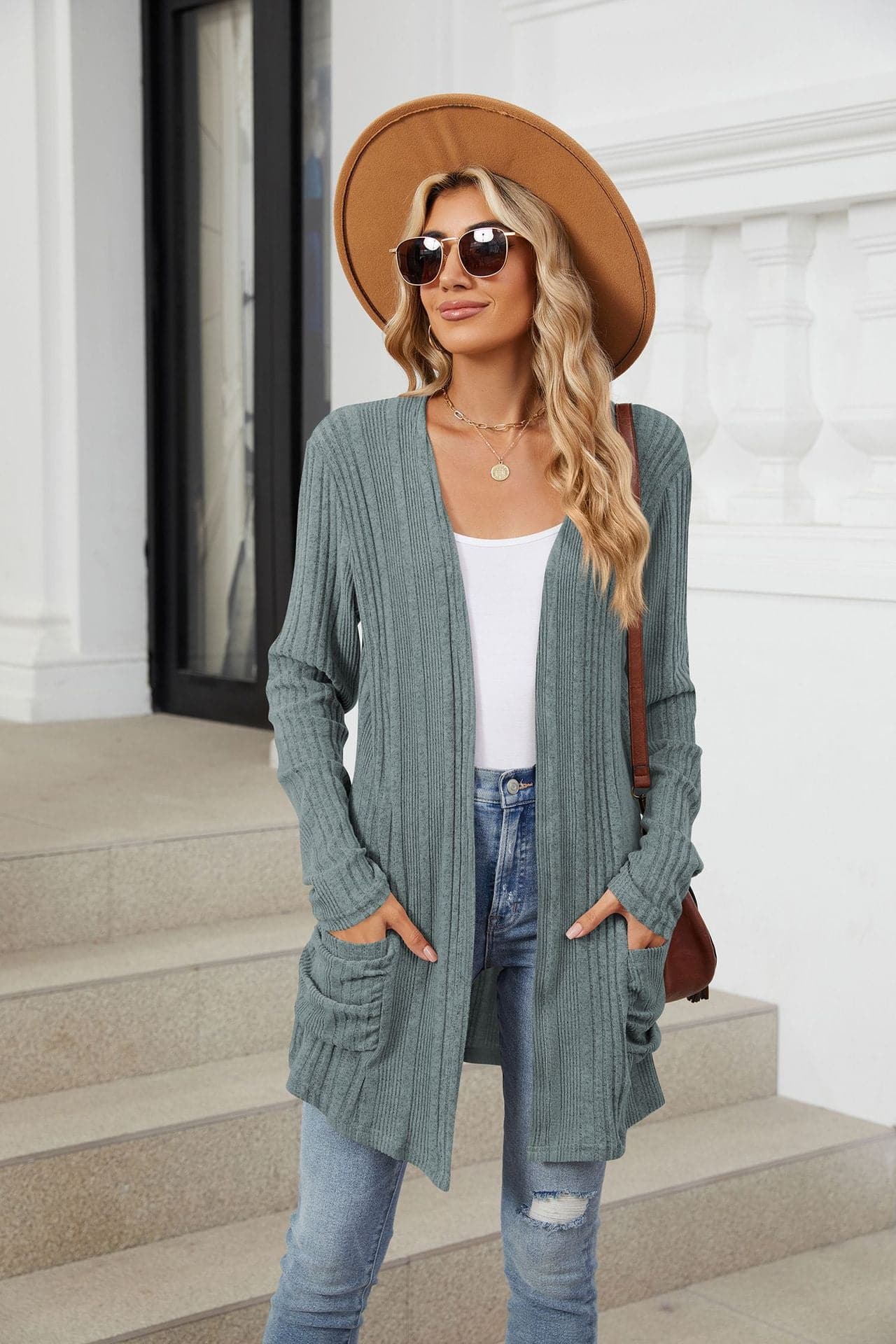 Pocketed Open Front Long Sleeve Cardigan.