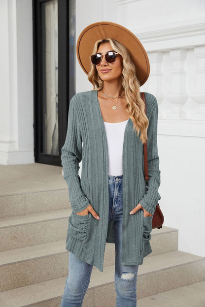 Pocketed Open Front Long Sleeve Cardigan.