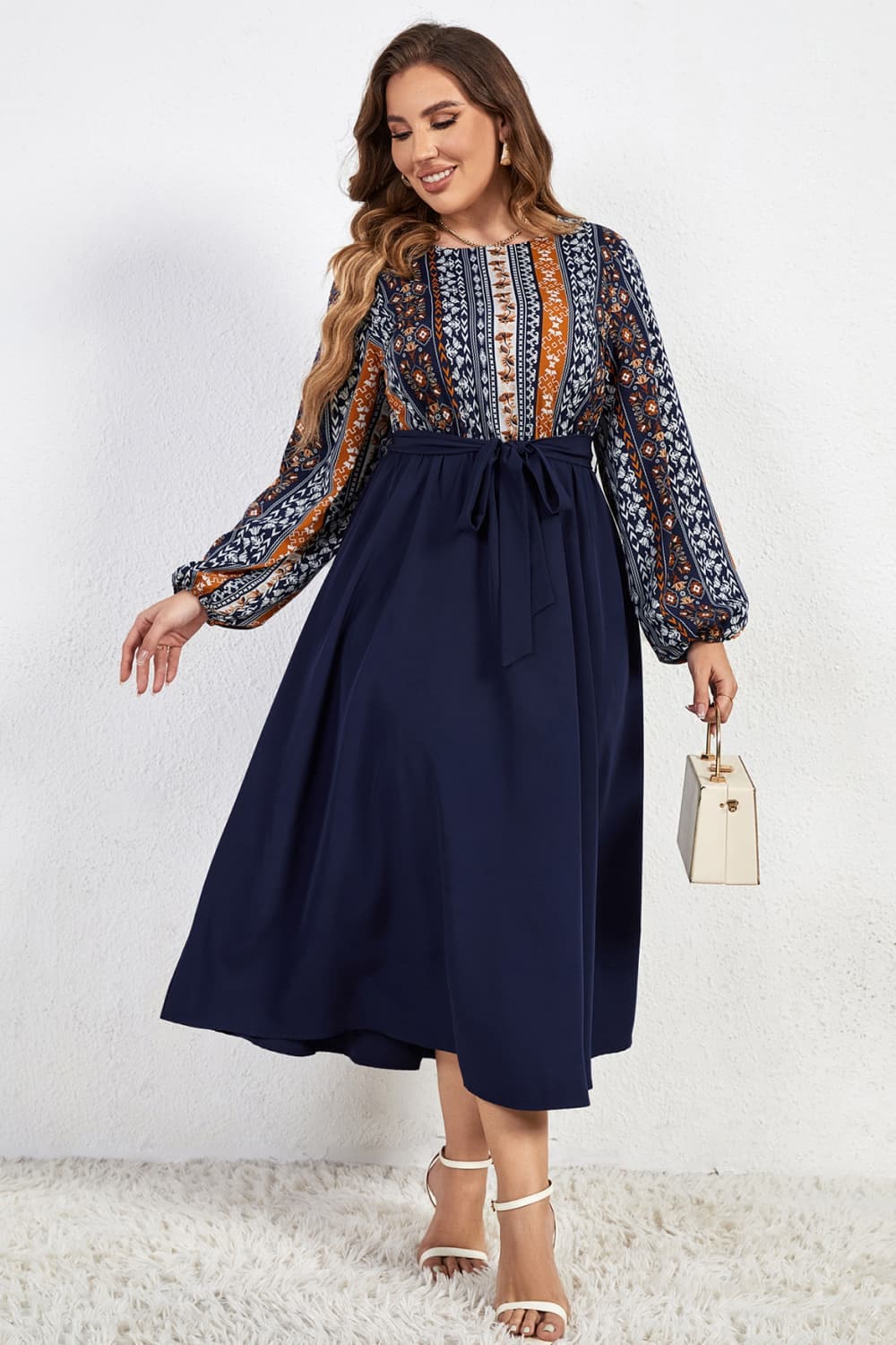 Melo Apparel Plus Size Printed Tie Belt Boat Neck Midi Dress.