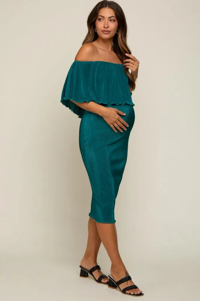 Forest Green Pleated Rib Off Shoulder Maternity Dress PinkBlush