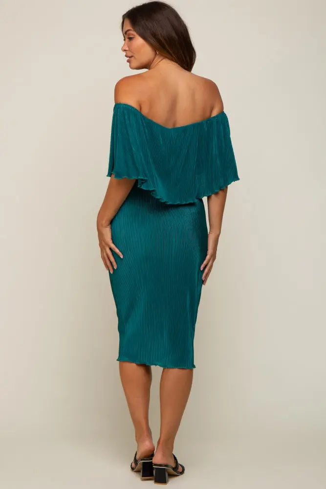 Forest Green Pleated Rib Off Shoulder Maternity Dress PinkBlush