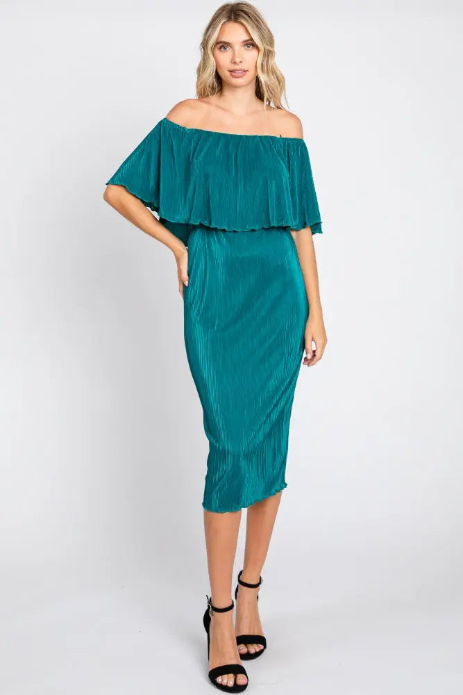 Forest Green Pleated Rib Off Shoulder Maternity Dress PinkBlush