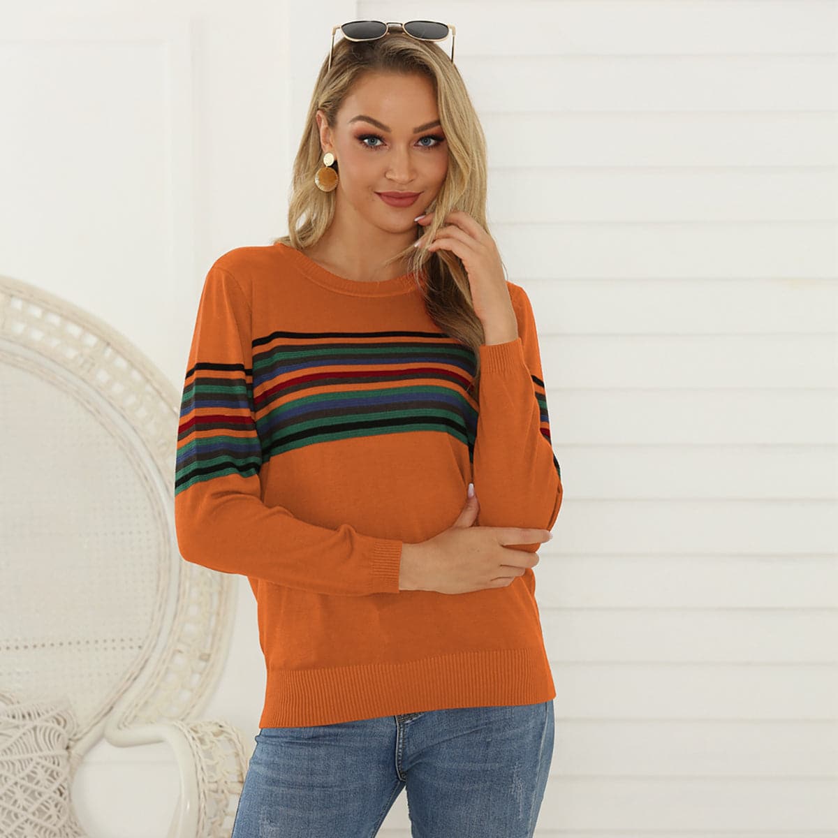 Striped Round Neck Long Sleeve Sweater.