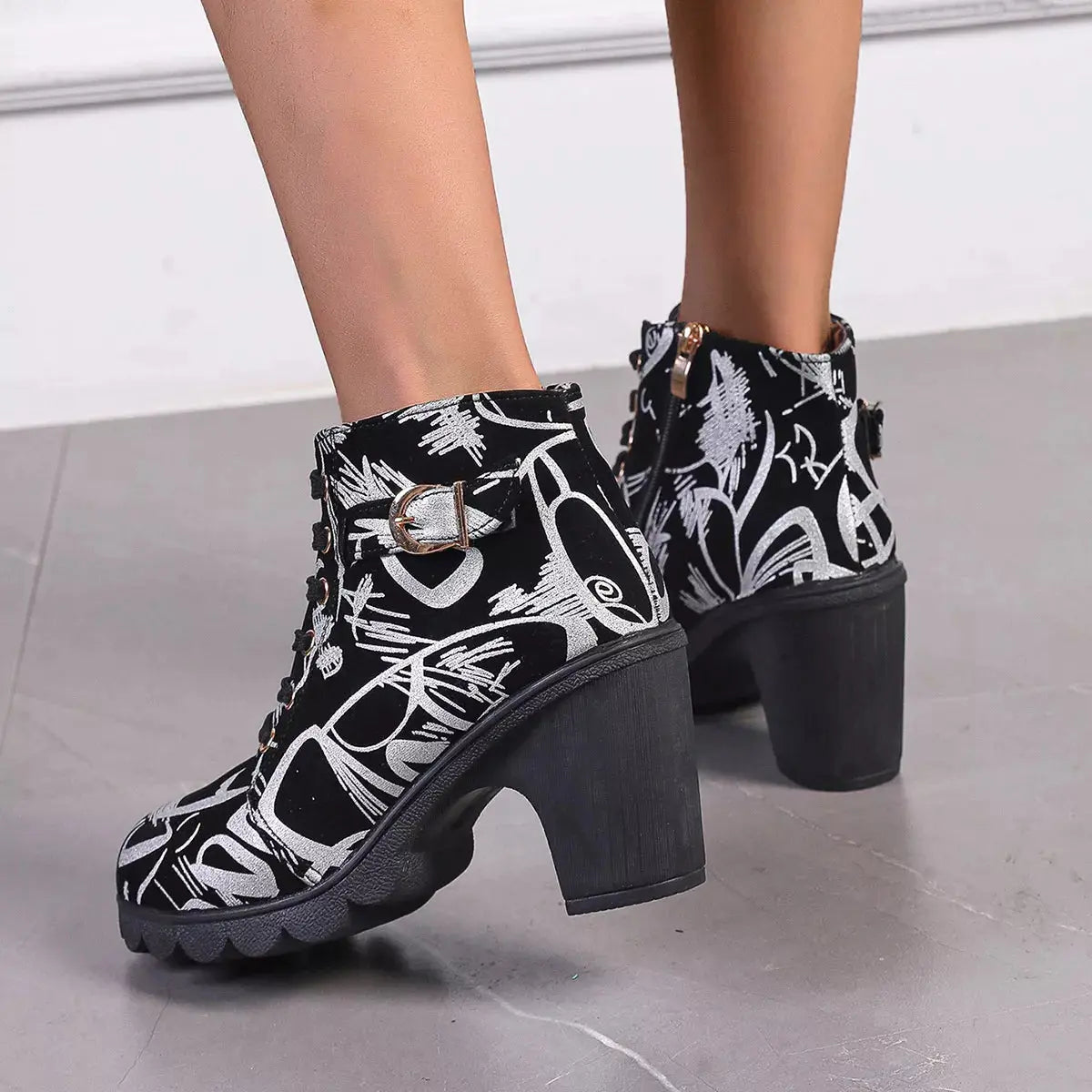 Printed Lace-Up Ankle Boots with Block Heel Simply Love