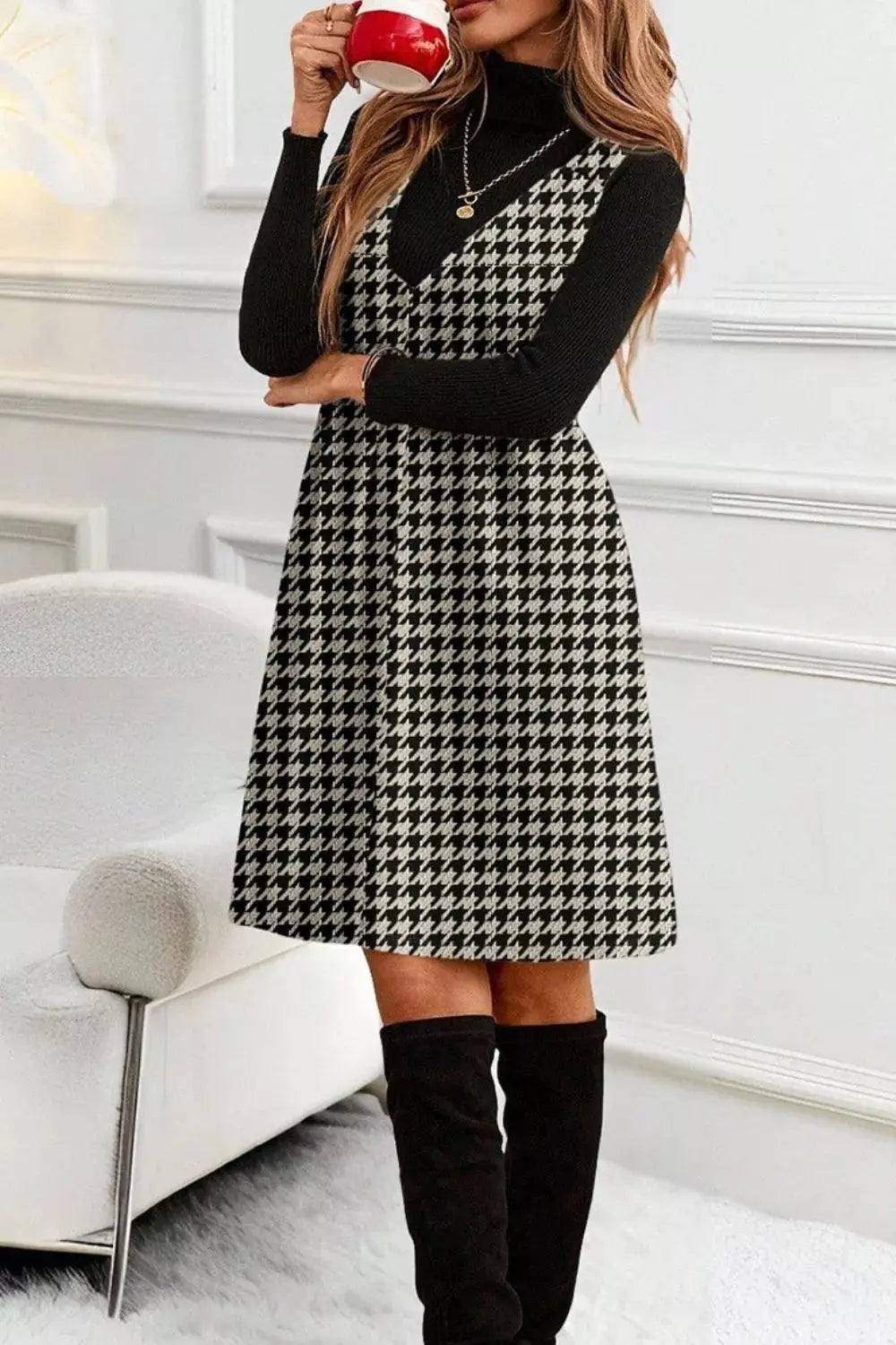 Houndstooth V-Neck Sleeveless Mini Dress Simply Love