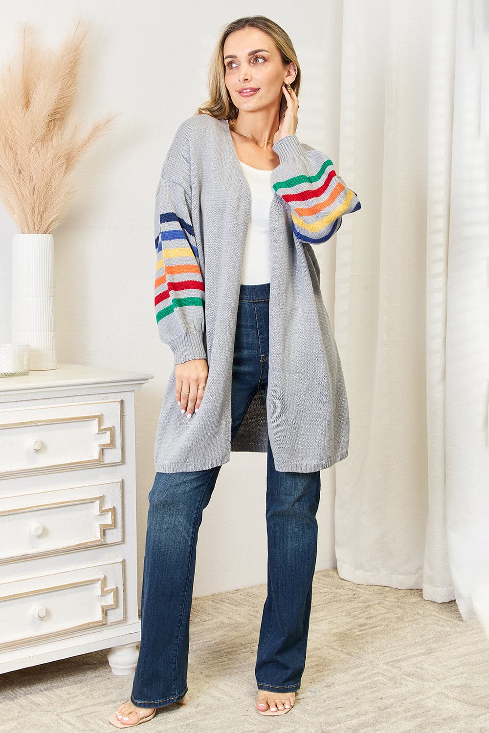 Multicolored Stripe Open Front Longline Cardigan.