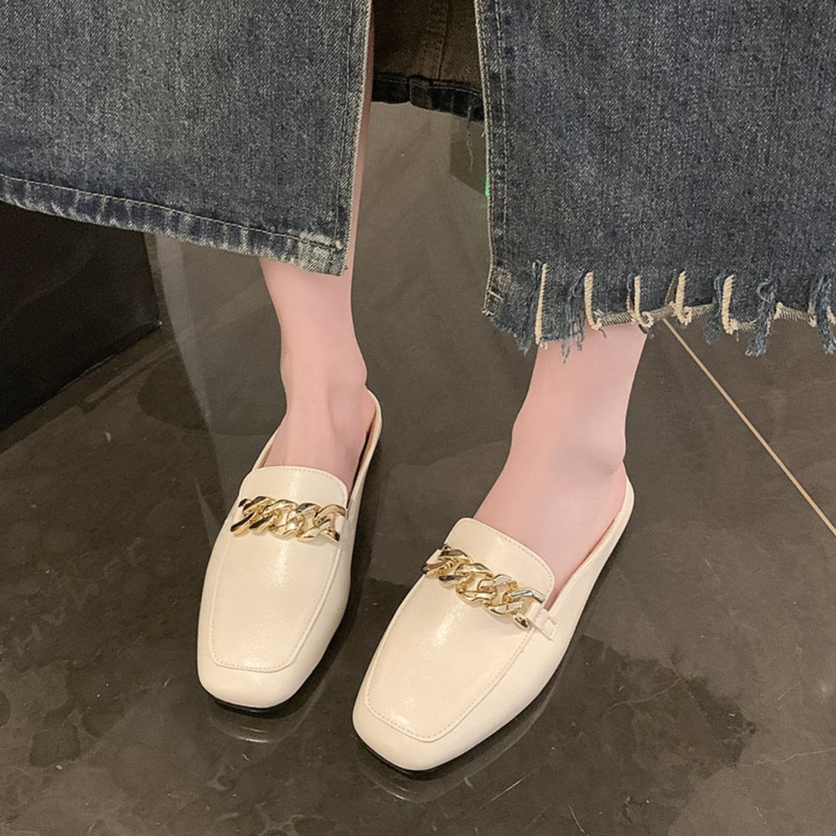 PU Leather Square Toe Flat Loafers.