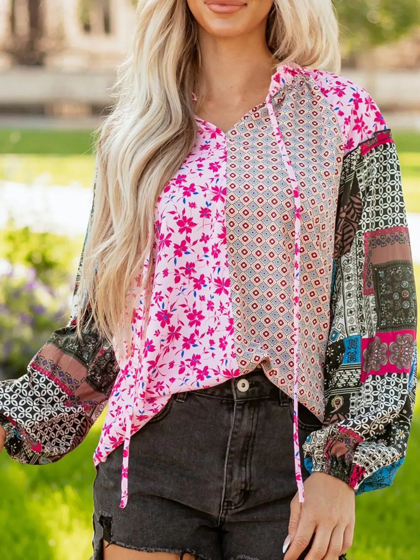 Boho Mixed Floral Drop Shoulder Bubble Sleeve Blouse Simply Love