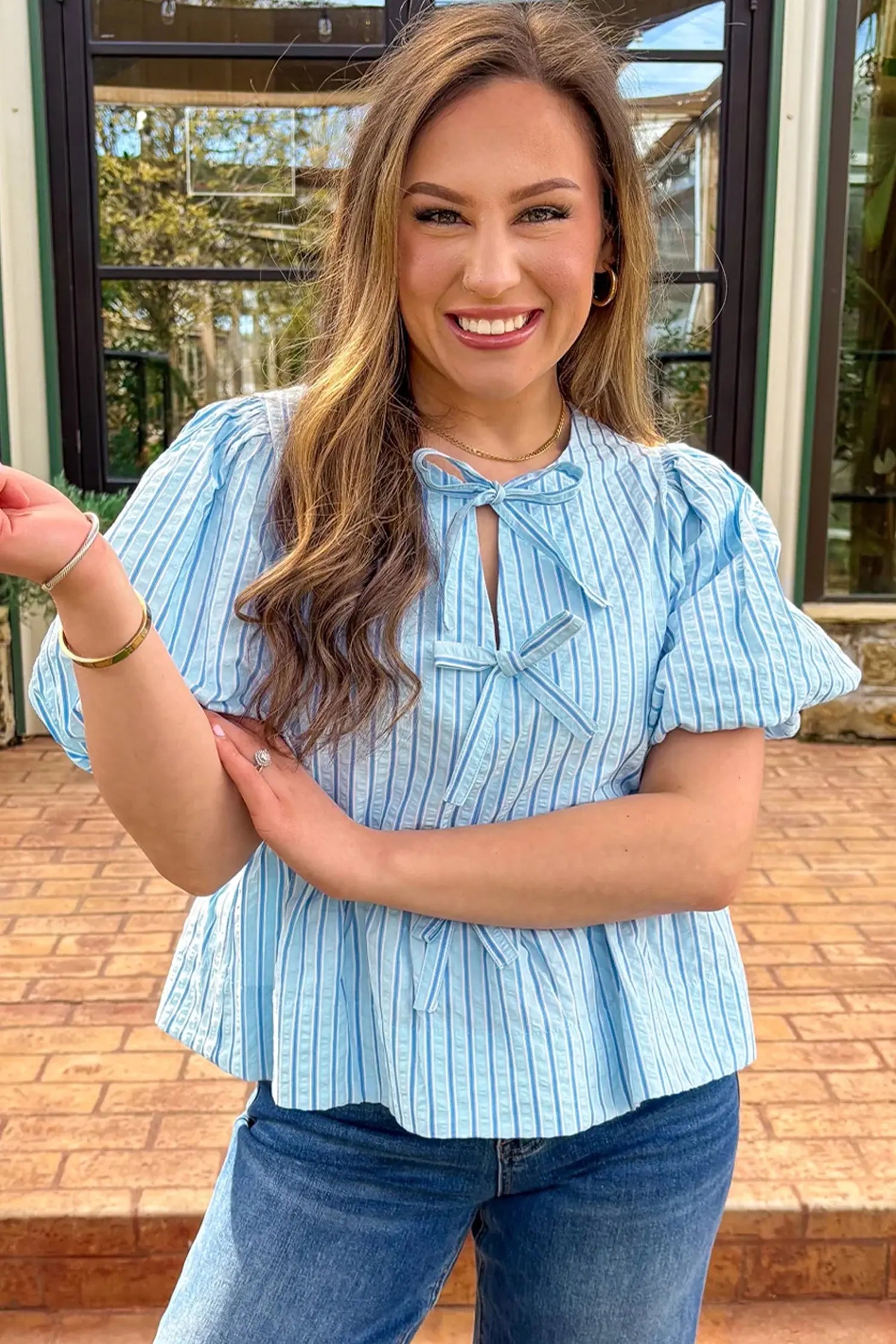 Sky Blue Stripe Bow Knot Textured Short Puff Sleeve Babydoll Blouse Dear-Lover Dropshipping