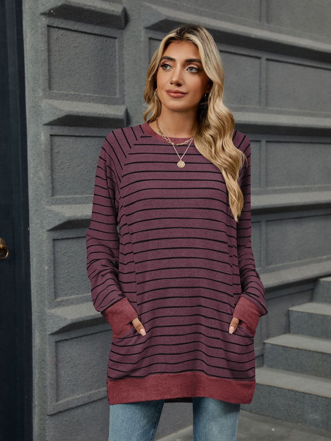 Pocketed Striped Round Neck Long Sleeve T-Shirt.