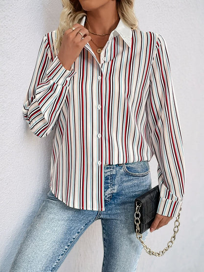 Perfee Striped Button-Up Long Sleeve Shirt with Collared Neck