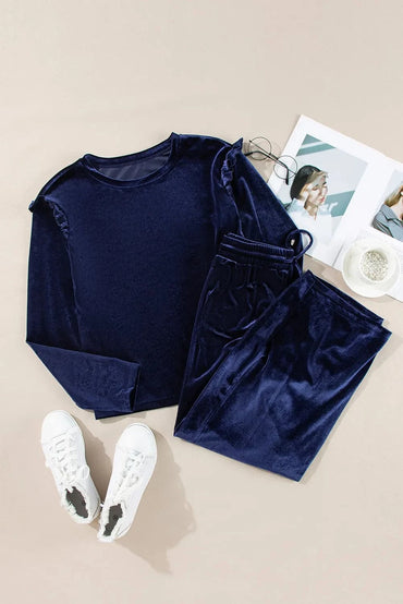 Velvet loungewear set with ruffled details and drawstring pants