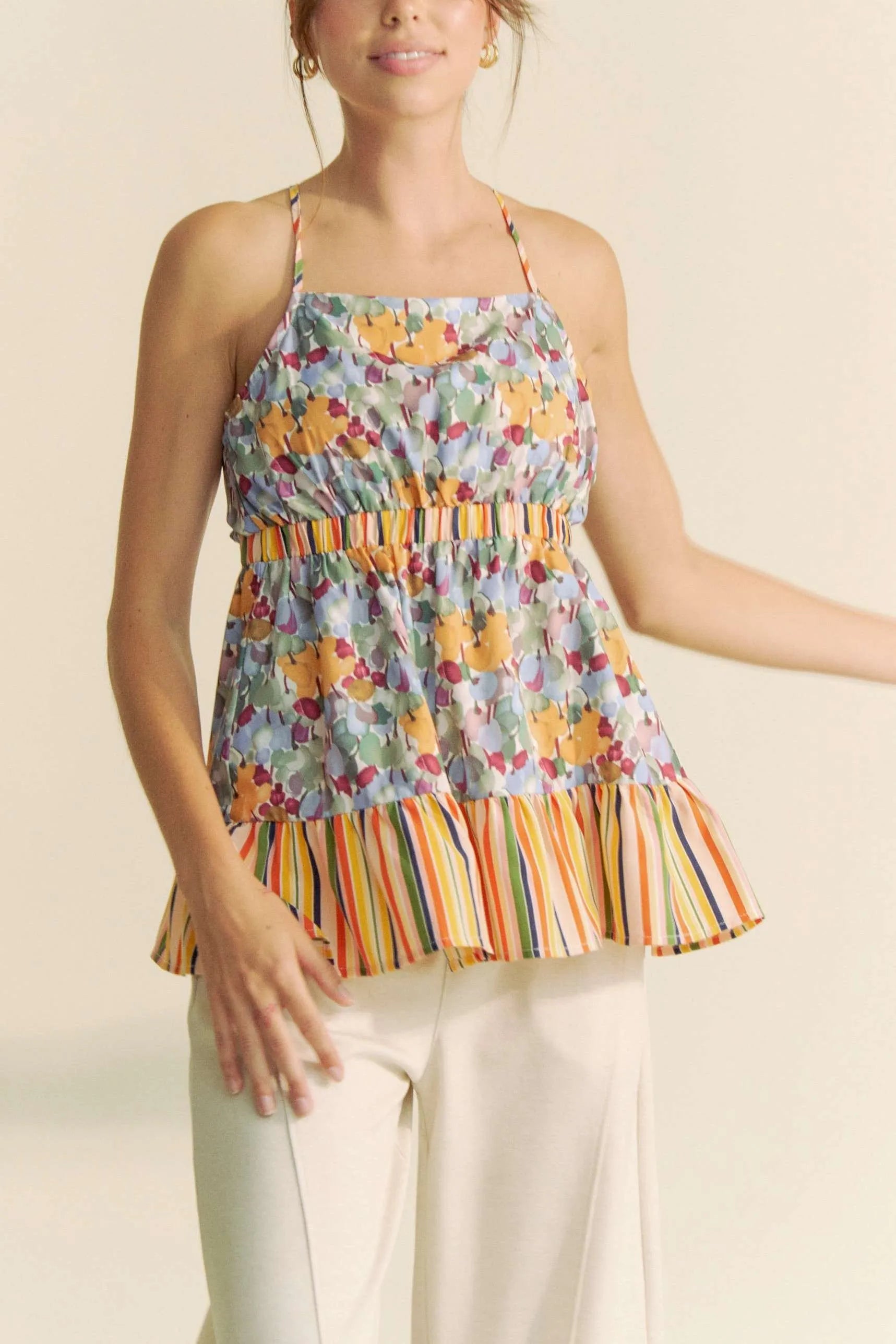 Davi & Dani Floral Smocked Sleeveless Ruffle Back Tie Top - Love Salve 