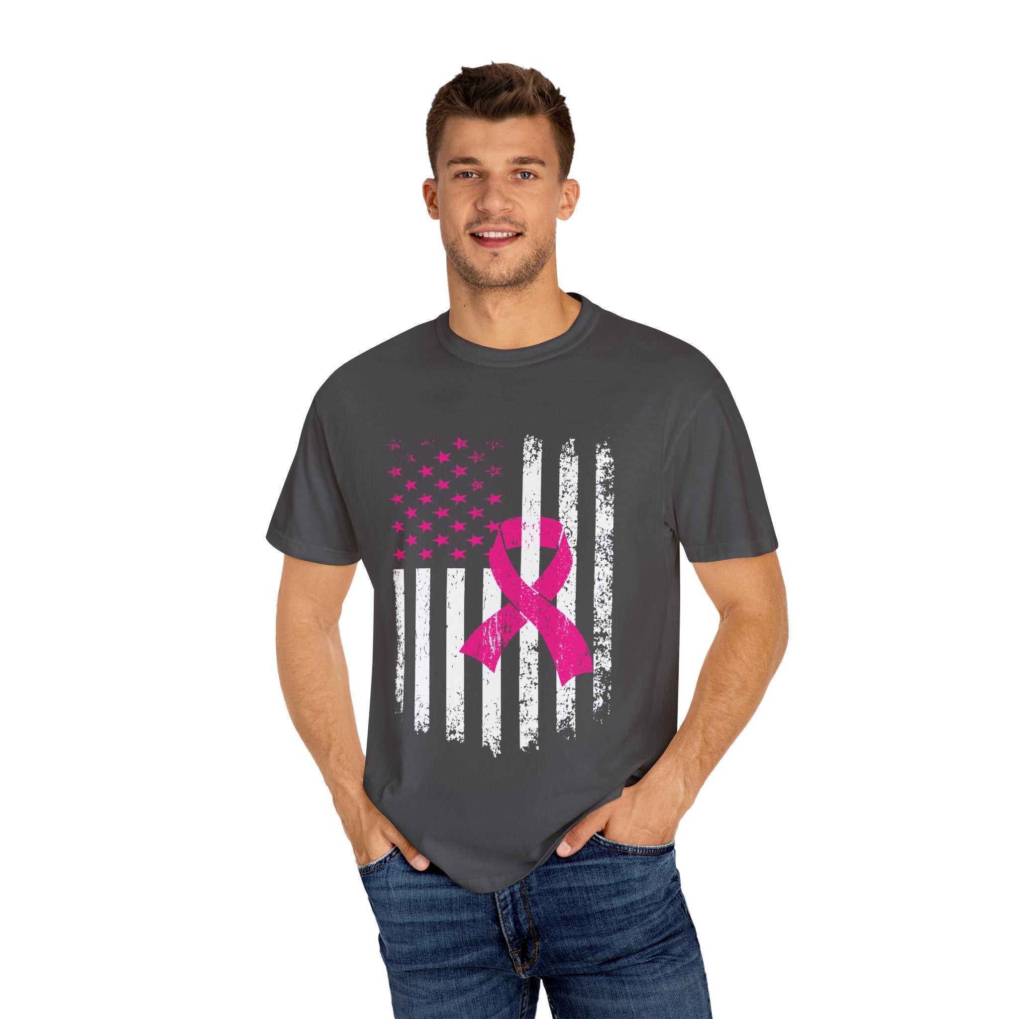 Unisex Breast Cancer Awareness Flag Tee With Distressed US Flag And Pink Ribbon Garment Dyed In Graphite Or Black Coco’s Tee Boutique