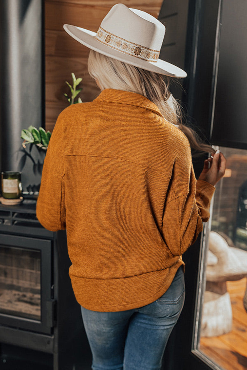 Russet Orange Flap Pocket Textured Knit Shacket Solid Color Casual Outerwear Cozy Dear-Lover Dropshipping