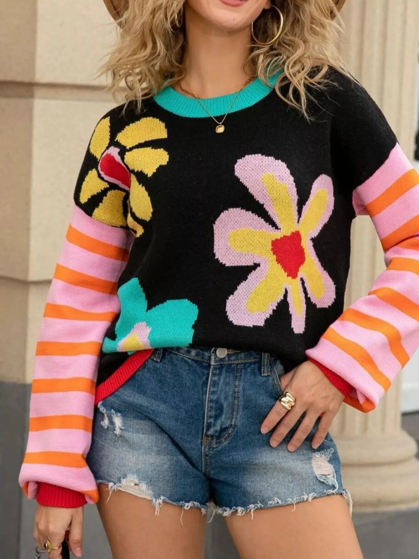 Floral Striped Crew Neck Sweater Simply Love