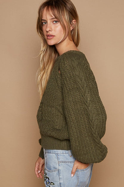 POL Cable Knit Cutout Long Sleeve Sweater.