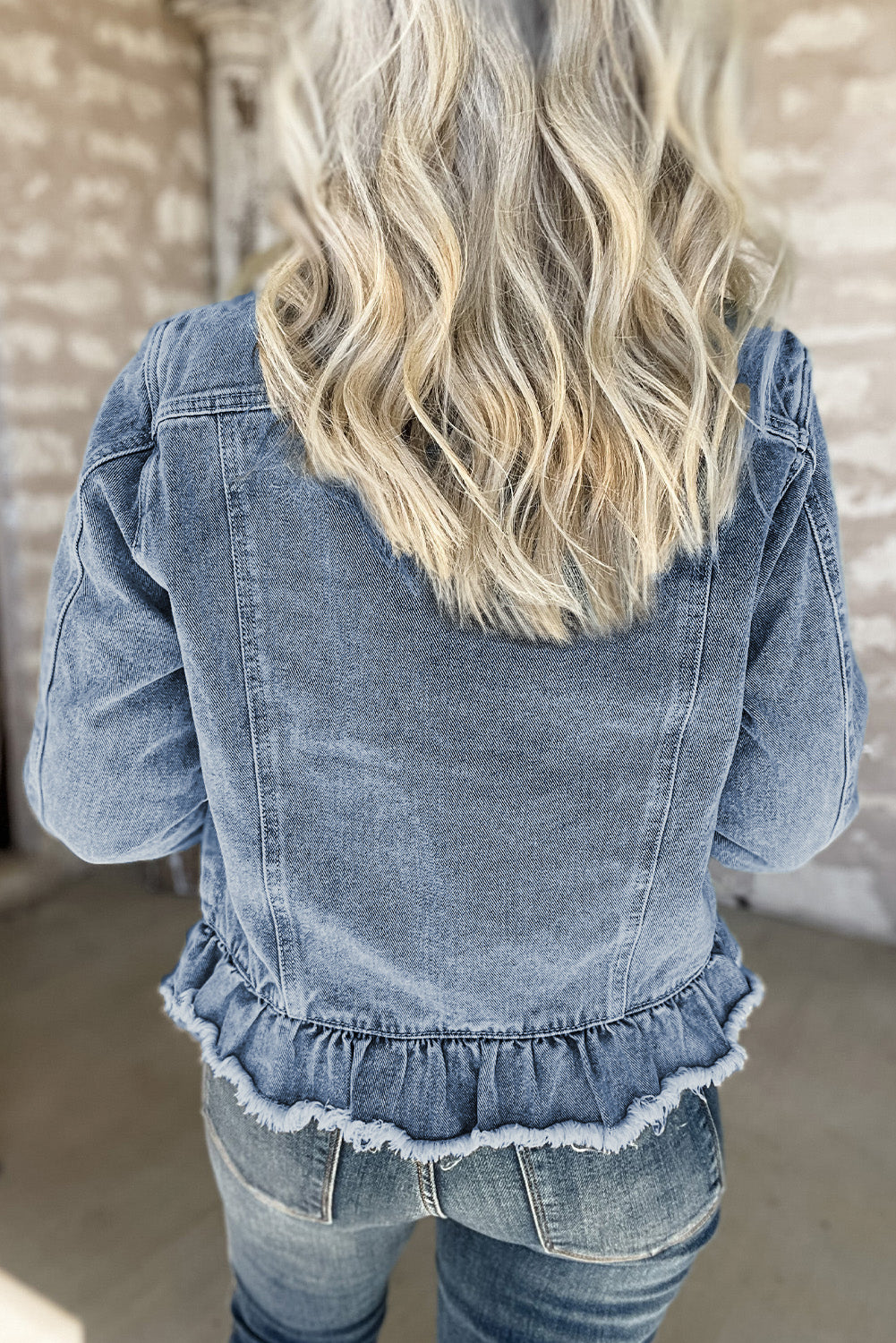 Beau Blue Ruffle Raw Hem Flap Pockets Denim Jacket